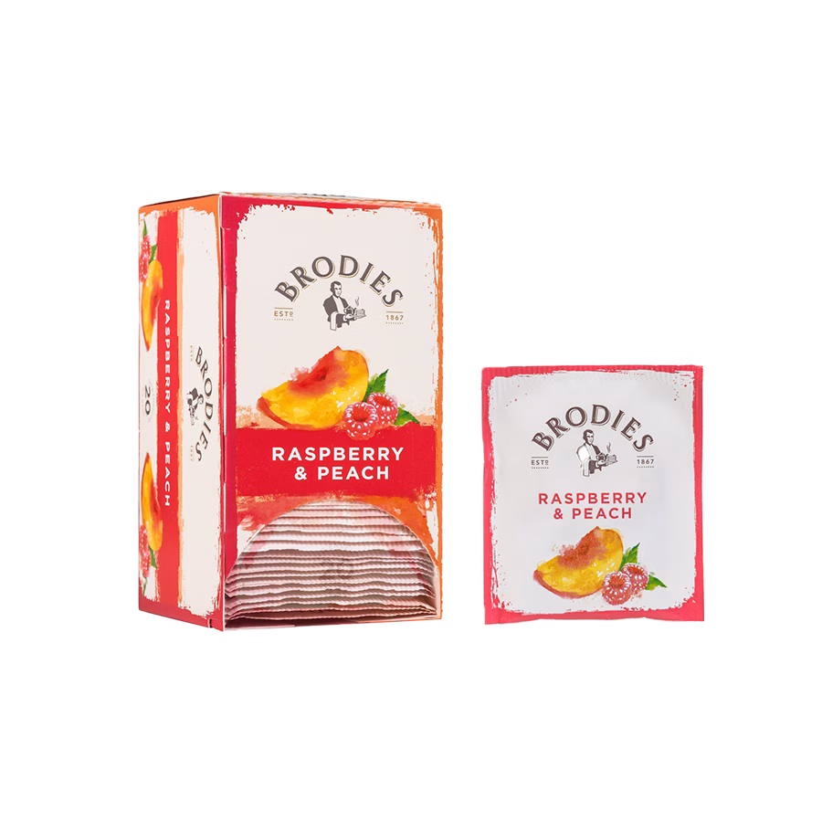Produktbild: Brodies Tee Himbeere & Pfirsich, Teebeutel, Karton mit 20 Teebeuteln