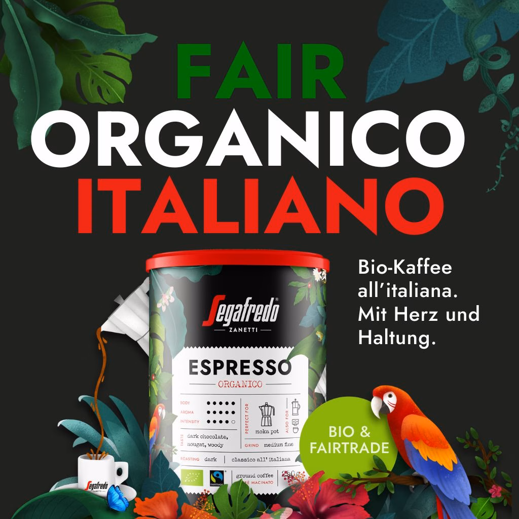 Grafik: nachhaltiger Segafredo Espresso Organico mit der Kaffeedose, einem Papagei, einer Kaffeetasse, einer Moka-Kanne und bunter Schrift, bio und fairtrade